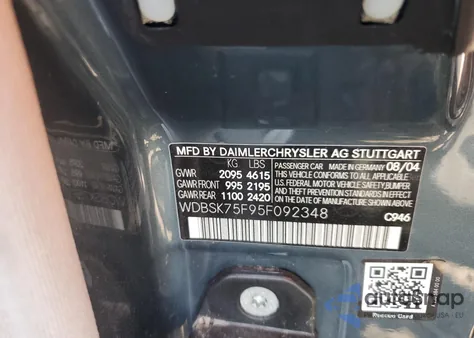 2005 Mercedes-Benz Sl 500 из США, поврежденный, VIN WDBSK75F95F092348